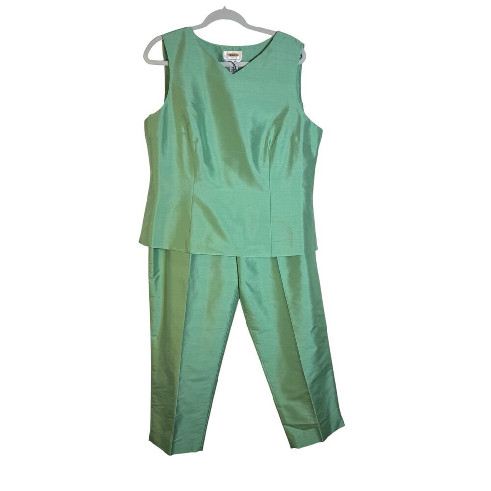 Vintage 90s Talbots Pure Silk Women 16/18 Sage Green Shantung Silk 2 pc Pant Set - Picture 9 of 14
